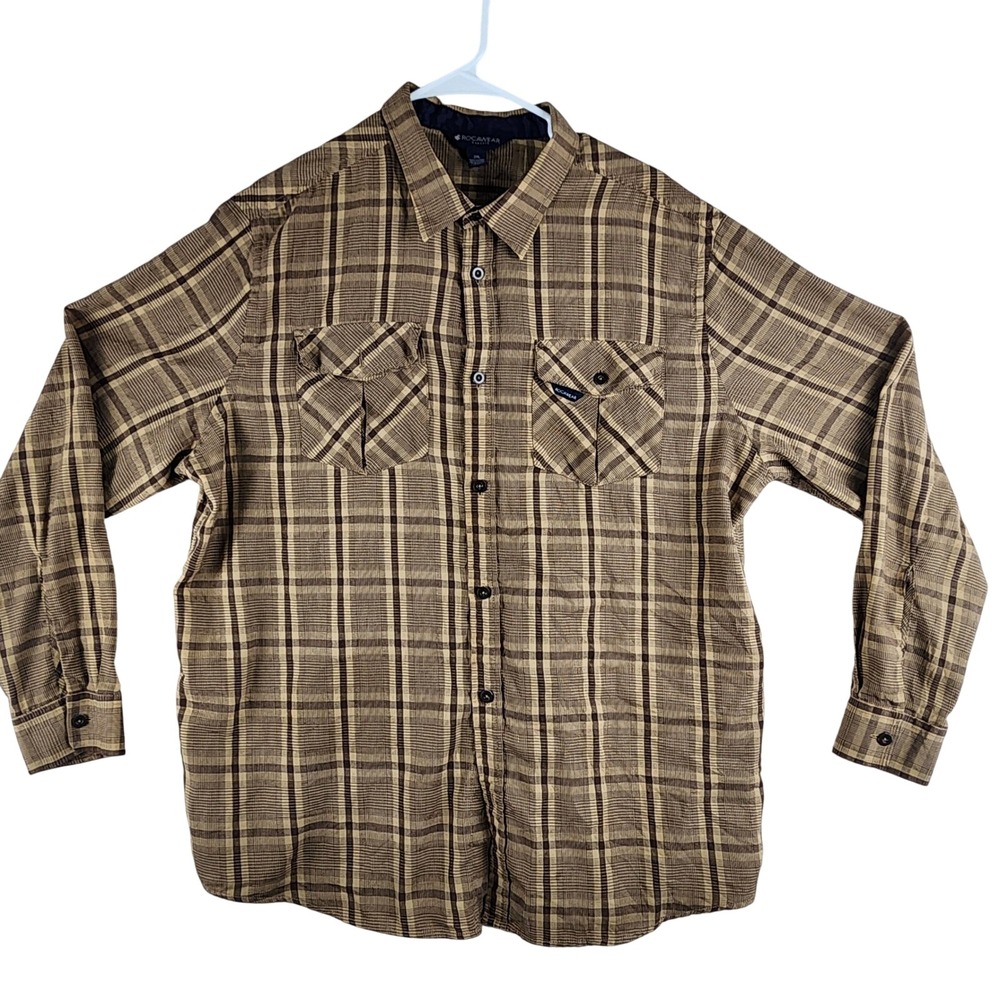 Rocawear Classic Men's 2XL Plaid Long Sleeve Button‎ Down Shirt Brown Tan